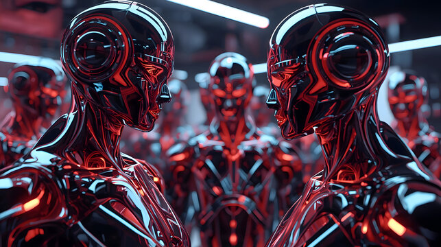 Menacing robot android figures with metallic red glowing bodies display serious and intense expressions. Futuristic cybernetic digital technology creates an imposing, advanced vision