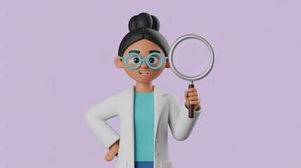 Cartoon doctor woman with magnifying glass searching for cure research and medical discovery concept