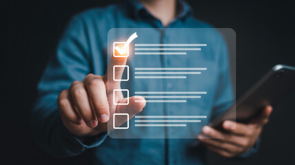 Online survey checklist form digital task management and businessman using tablet for planning 100