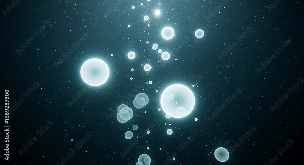 Poster abstract underwater scene with glowing orbs floating in the dark depths, creating a mysterious and e