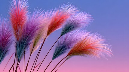 Obraz premium Colorful Blades of Grass Against a Gradient Sunset Sky in Soft Pastel Hues
