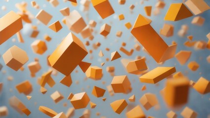 Abstract image of numerous orange geometric shapes floating in a hazy blue space