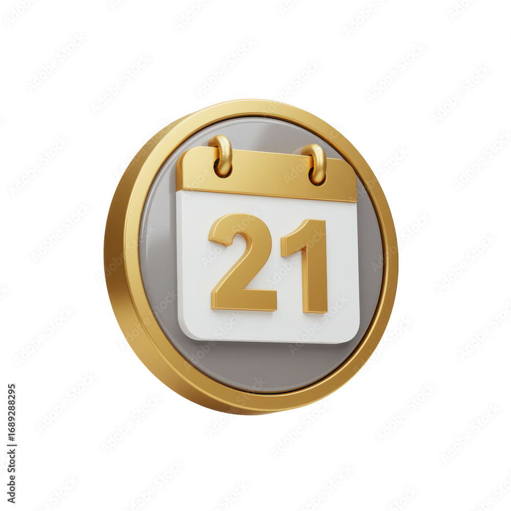 Poster golden calendar icon with number 21 isolated on transparent background