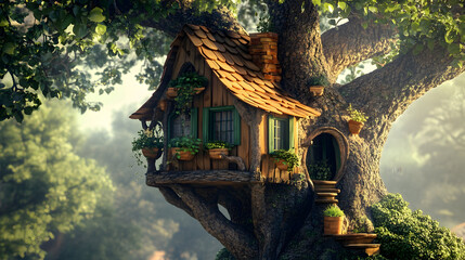 Whimsical treehouse adventure in a lush forest setting