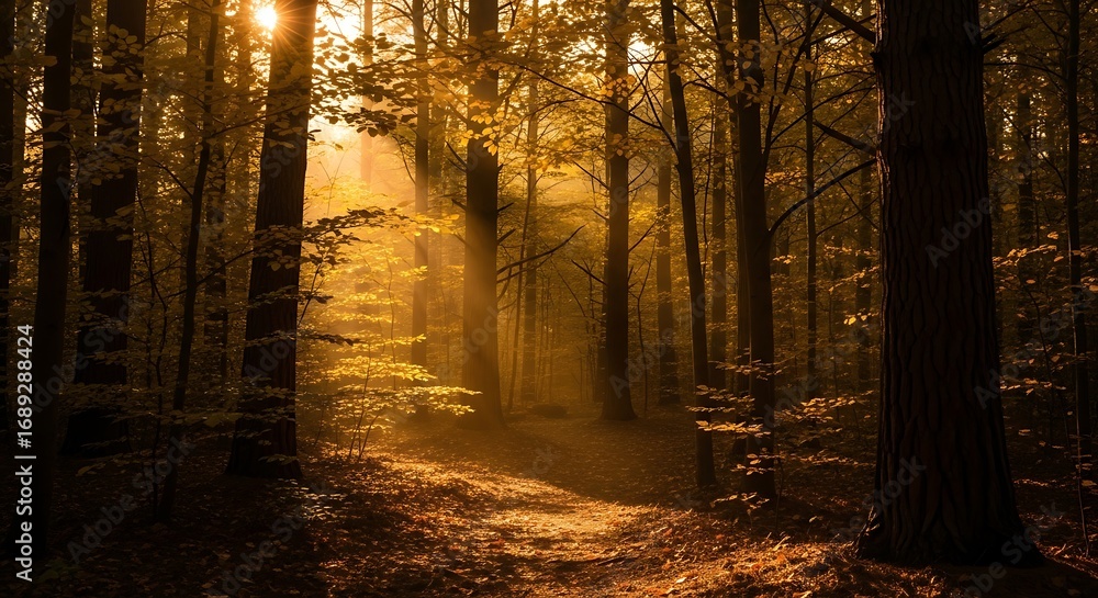 Aufkleber sunlight streams through the trees in a dense forest, creating a warm and inviting atmosphere in nat