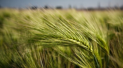 Close-up of vibrant green barley stalks swaying in the gentle breeze.