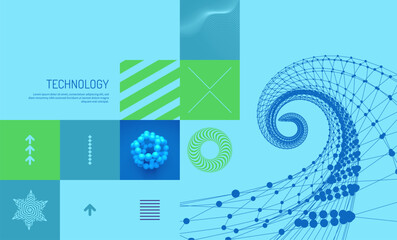 Spiral. Connection structure. Abstract grid design in technology style. Up arrow. Art composition. Geometric design. Torus. Molecule of small balls. Vector for brochure, poster, flyer or banner.