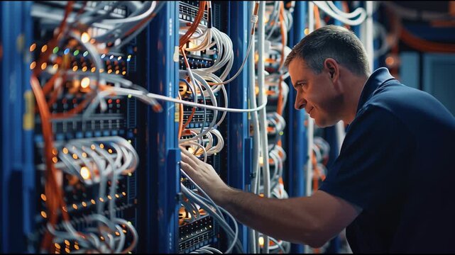 Technician manages dense fiber optic cabling in a modern data center, ensuring network reliability, high-speed bandwidth, and minimal downtime through expert cable organization, diagnostics, and secur