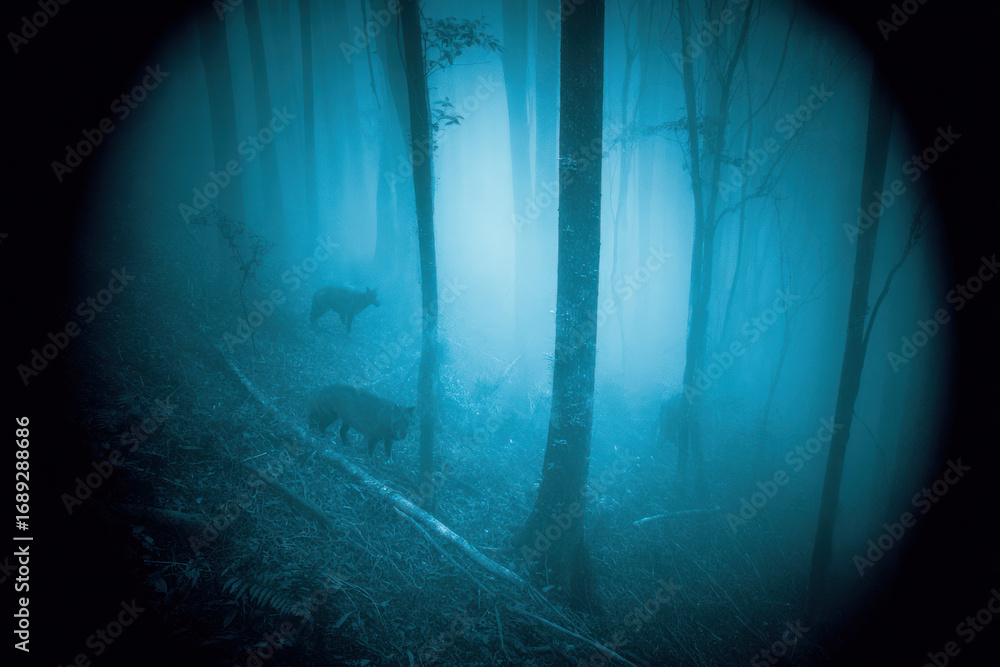 Poster shadows of animals navigate through a foggy forest as morning light breaks, creating an ethereal atm