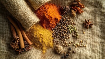 Colorful array of spices on burlap (1)
