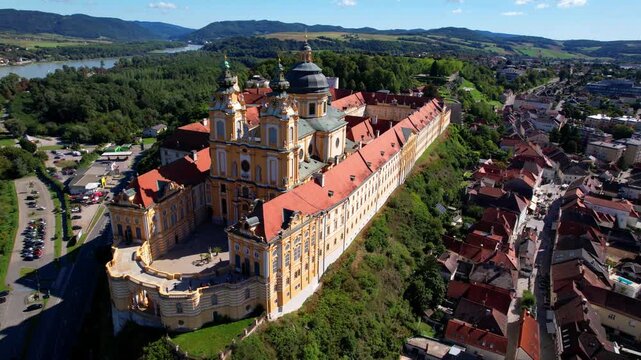 Melk Abbey one of the biggest and most beautiful European Baroque moasteries. Baroqque architecture in Wachau valley in Danube river. UNESCO World Heritage Site . 4k hd aerial drone  video