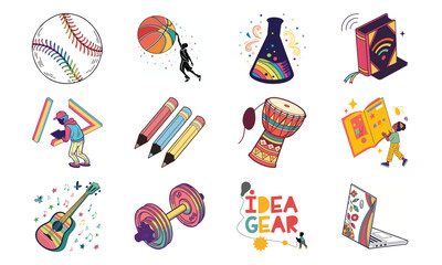 Colorful Creative Education, Sports, Music, Science, Technology and Hobby Icon Set for Learning and Entertainment