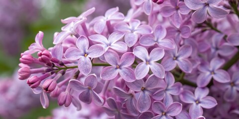 Macro view of delicate purple lilac flowers blooming in soft focus springtime garden
