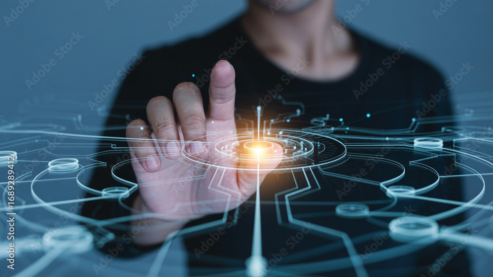 Poster man using futuristic technology interface with touch screen for business and innovation concept