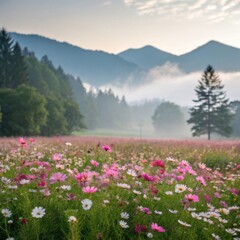 Obraz premium Vibrant field of colorful wildflowers with misty mountains and evergreen trees in the background
