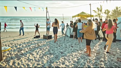 Outdoor music festival with DJ turntables on sand, colorful tents, relaxed crowd, and vibrant sonic energy in a sunny open-air atmosphere.