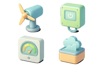Isometric icon set featuring a fan, power button, performance gauge, and cloud data analytics symbol for technology themes