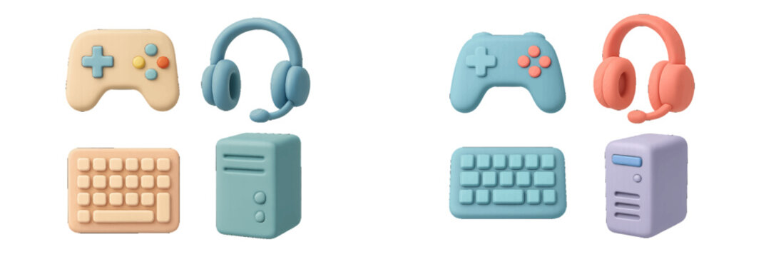 3D gaming icon set with pastel colored gamepad, headset with microphone, keyboard, and computer tower for user interface design