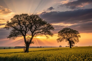 Fototapeta premium Two majestic silhouette trees under a dramatic vibrant sunset sky with golden light