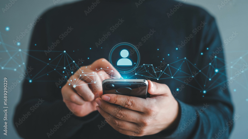 Aufkleber Man using smartphone for social media network connection and digital technology concept online profile
