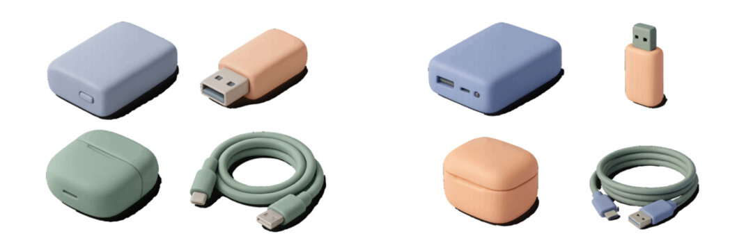 Isometric set of modern electronic gadgets including power bank, USB flash drive, charging cable, and wireless earbud case on a white background