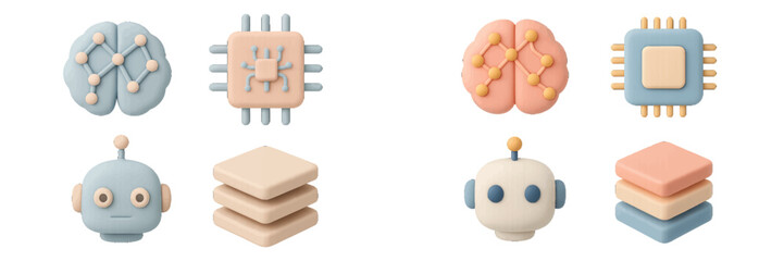 3D icon set for artificial intelligence and technology concepts featuring neural network brain, CPU microchip, robot head, and data layers
