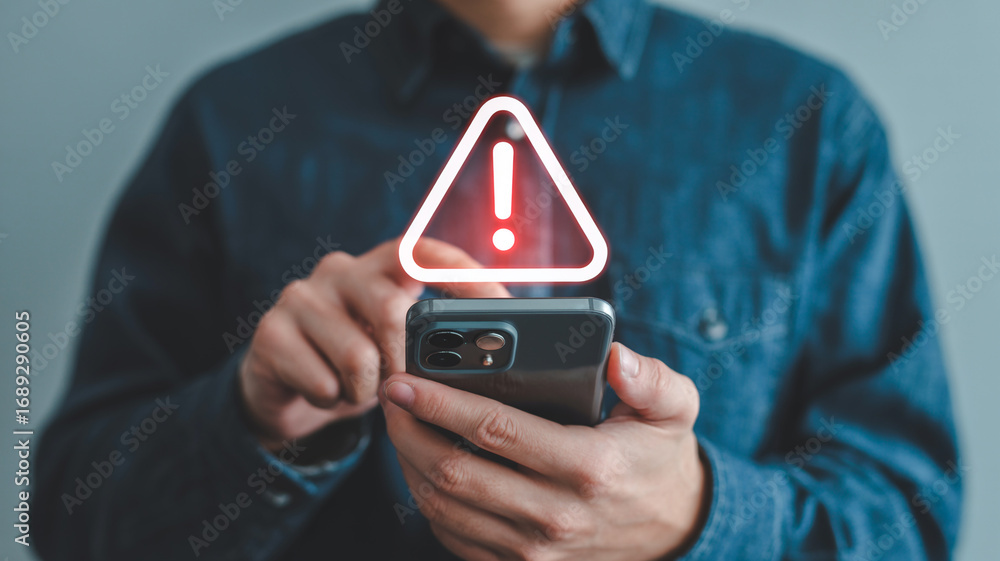 Aufkleber mobile phone security alert notification error message warning sign on smartphone device in hand onl