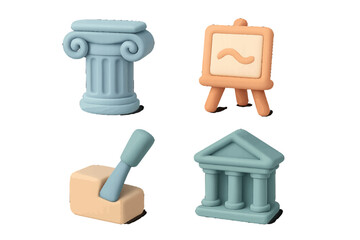 Minimalist 3D art and history icon collection with ancient Greek column, artist easel, sculpting chisel, and classical museum building