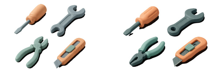 Isometric collection of repair and construction work tools including a screwdriver, wrench, pliers, and utility knife for DIY projects