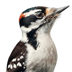 PNG of Close-up of a male woodpecker with distinctive plumage and inquisitive expression against a white background.