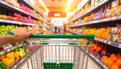 First-person perspective of a customer pushing a green shopping cart down a brightly lit supermarket aisle filled with fresh produce