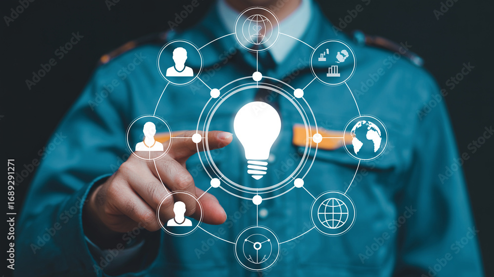 Poster business innovation strategy and global network connection concept with lightbulb and icons on scree