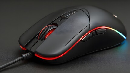 Close-up of a computer mouse on gaming desk with RGB-style lighting shadow 