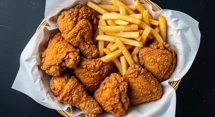 Tasty fastfood: fried chicken legs and French fries in paper box over black background, top view.