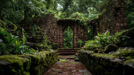Naklejka premium Stone ruins overgrown with vegetation in a lush green forest environment view