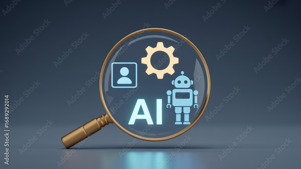 Poster artificial intelligence ai technology search concept with magnifying glass and icons on dark backgro