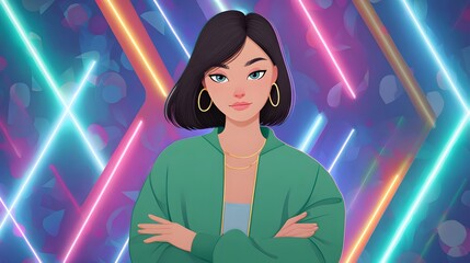 Portrait of a Confident Young Woman with Arms Crossed Against a Colorful Neon Background