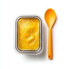 A delicious and healthy mango puree in a container alongside an orange spoon
