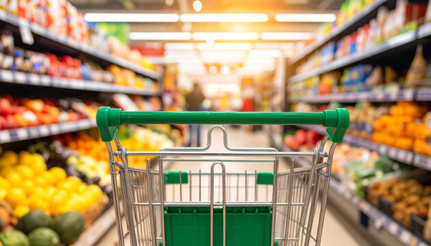 First-person view of a shopping trolley in a modern supermarket aisle with a wide selection of food products