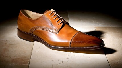 Close-up of a leather shoe on tiled floor with moody directional shadow 