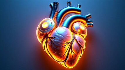 An intricate mechanical heart glowing with fiery orange energy, showcasing a futuristic fusion of steampunk engineering and biological life