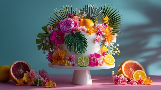 A lush tropical birthday celebration featuring a cake decorated with palm leaves, vibrant fruits, and tropical flowers, set against a bright, sunny backdrop