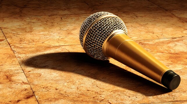 Close-up of a microphone on stage floor under spotlight with dramatic shadow 
