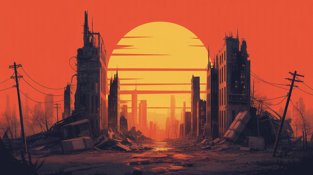 Post apocalyptic city landscape background wallpaper destroyed buildings sunset illustration art 1080p