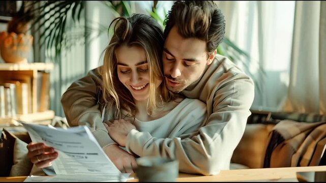Young couple sharing an affectionate embrace while reviewing important life insurance policies and financial paperwork at home desk, symbolizing trust, unity, security, and emotional connection in eve