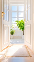 Fototapeta premium A white door with a plant in a pot on the windowsill