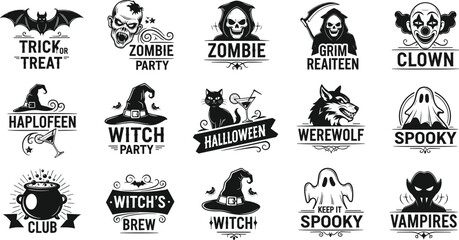 Naklejka premium Halloween icon set, spooky symbols collection, bats skulls witches ghosts, party theme graphics, black white design, cad drawing flat vector illustration