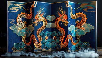 A folding screen, ornate with dragons