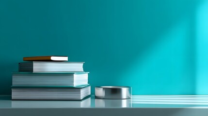 Stack of Books and Magazines on a Modern Shelf with Teal Wall and Soft Light in Contemporary Workspace