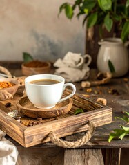 Aromatic coffee on a rustic tray